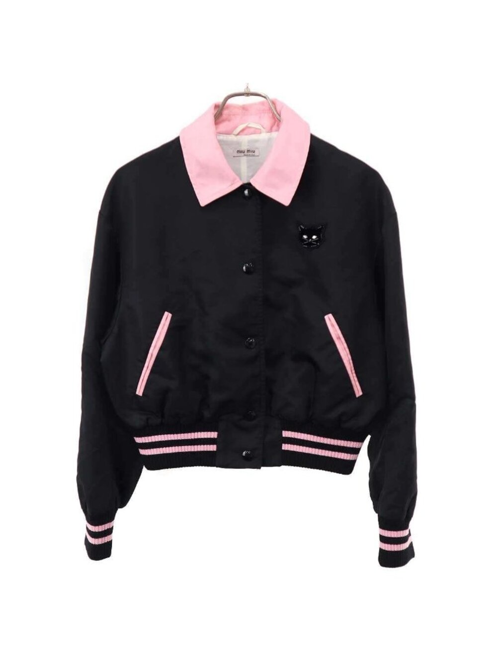 Miu Miu Cat Patch Satin Varsity Jacket Black 40
